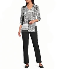 Allison Daley Petite Size Texture Patchwork Print 3/4 Sleeve V-Neck Knit Top