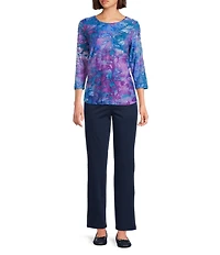 Allison Daley Petite Size Tie-Dye 3/4 Sleeve Crew Neck Knit Top