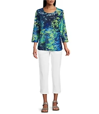 Allison Daley Petite Size Tie-Dye 3/4 Sleeve Crew Neck Knit Top