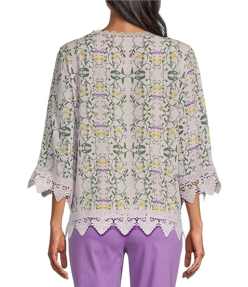 Allison Daley Petite Size Trellis Floral Print 3/4 Sleeve Crew Neck Lace Detail Blouse