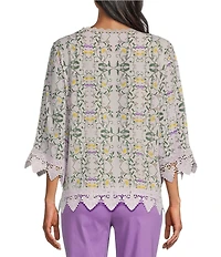 Allison Daley Petite Size Trellis Floral Print 3/4 Sleeve Crew Neck Lace Detail Blouse