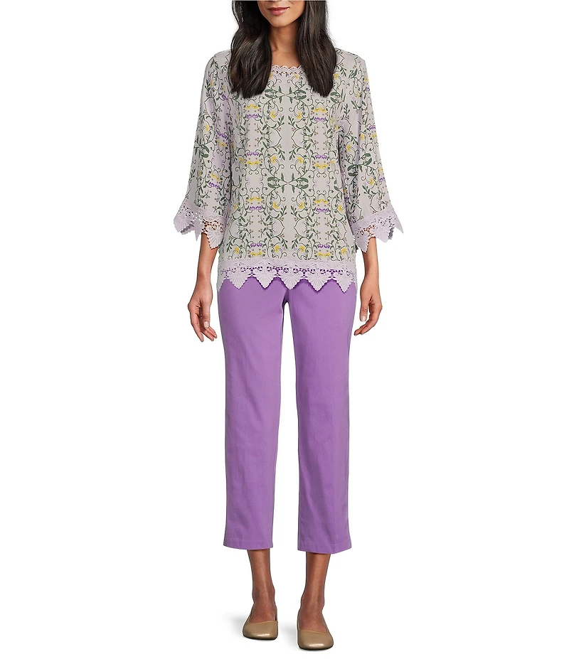 Allison Daley Petite Size Trellis Floral Print 3/4 Sleeve Crew Neck Lace Detail Blouse