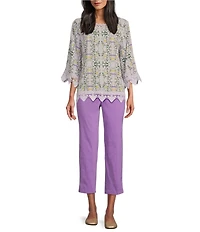 Allison Daley Petite Size Trellis Floral Print 3/4 Sleeve Crew Neck Lace Detail Blouse