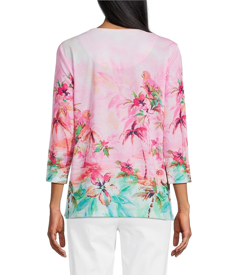 Allison Daley Petite Size Tropical Notions Print 3/4 Sleeve Crew Neck Knit Top