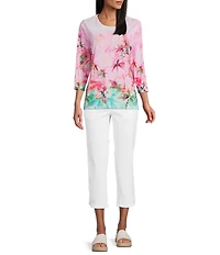 Allison Daley Petite Size Tropical Notions Print 3/4 Sleeve Crew Neck Knit Top
