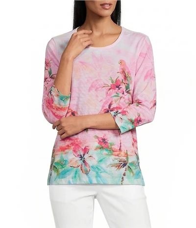 Allison Daley Petite Size Tropical Notions Print 3/4 Sleeve Crew Neck Knit Top