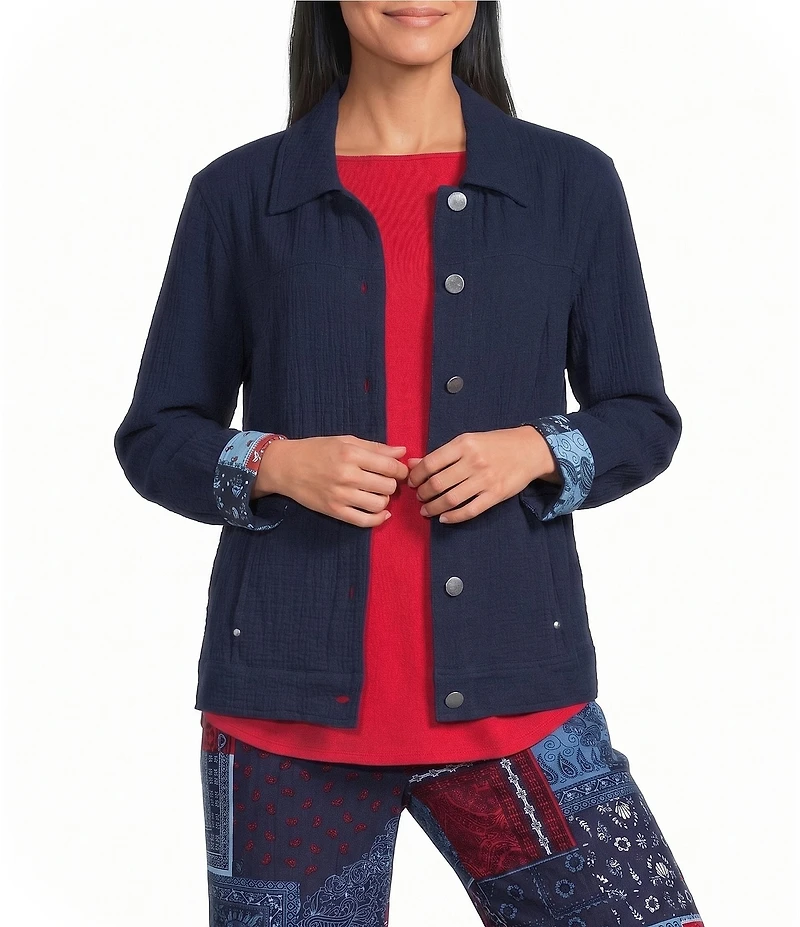 Allison Daley Petite Size True Navy Bandana Long Sleeve Button Front Soft Jacket