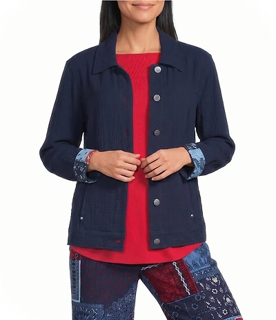 Allison Daley Petite Size True Navy Bandana Long Sleeve Button Front Soft Jacket