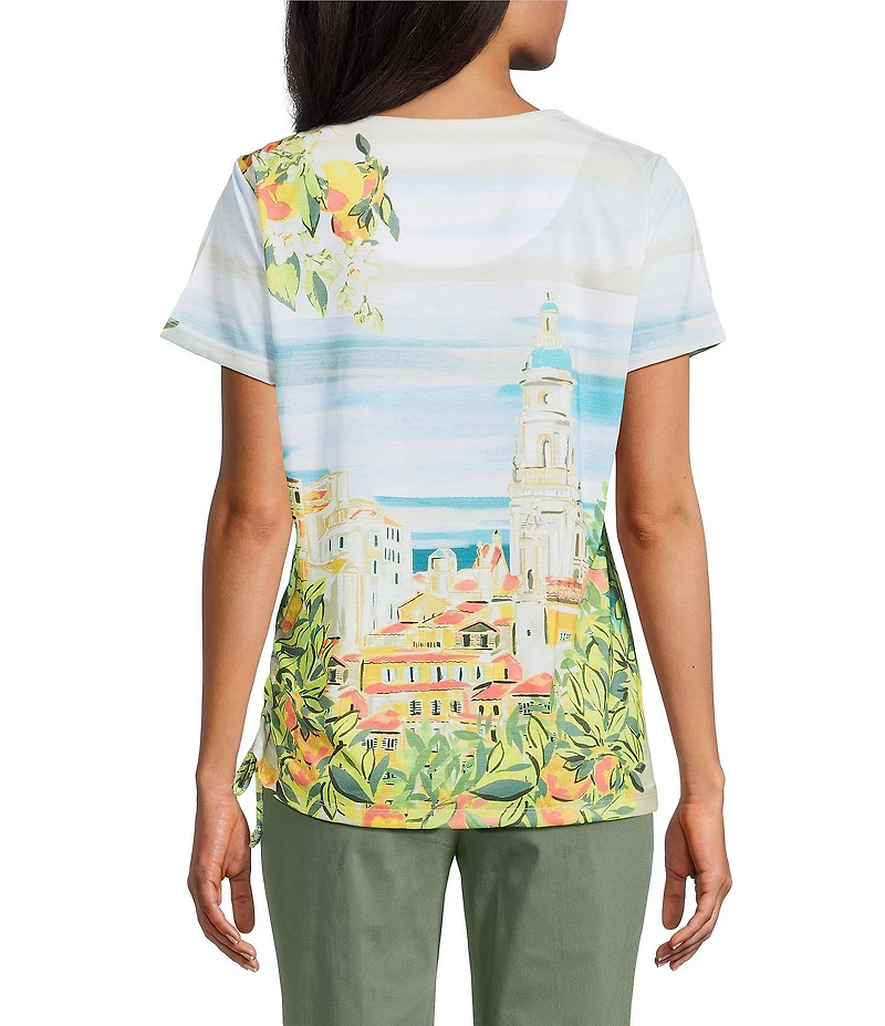 Allison Daley Petite Size Tuscan Village Print Short Sleeve Side Ruched Knit Top