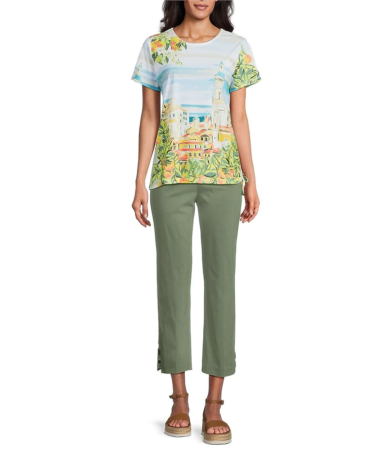 Allison Daley Petite Size Tuscan Village Print Short Sleeve Side Ruched Knit Top