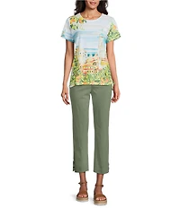 Allison Daley Petite Size Tuscan Village Print Short Sleeve Side Ruched Knit Top