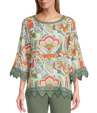 Allison Daley Petite Size Vintage Paisley Print 3/4 Sleeve Crew Neck Lace Detail Linen Blend Blouse