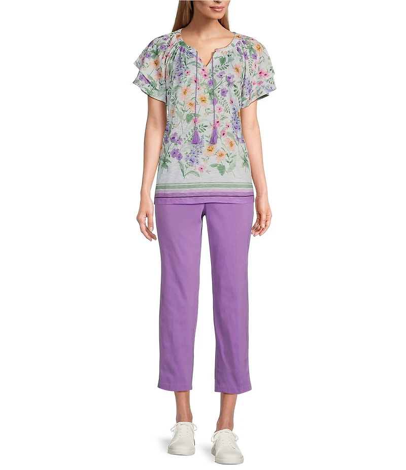 Allison Daley Petite Size Wildflower Border Print Flutter Sleeve Tassel Tie Neck Knit Top