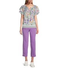 Allison Daley Petite Size Wildflower Border Print Flutter Sleeve Tassel Tie Neck Knit Top