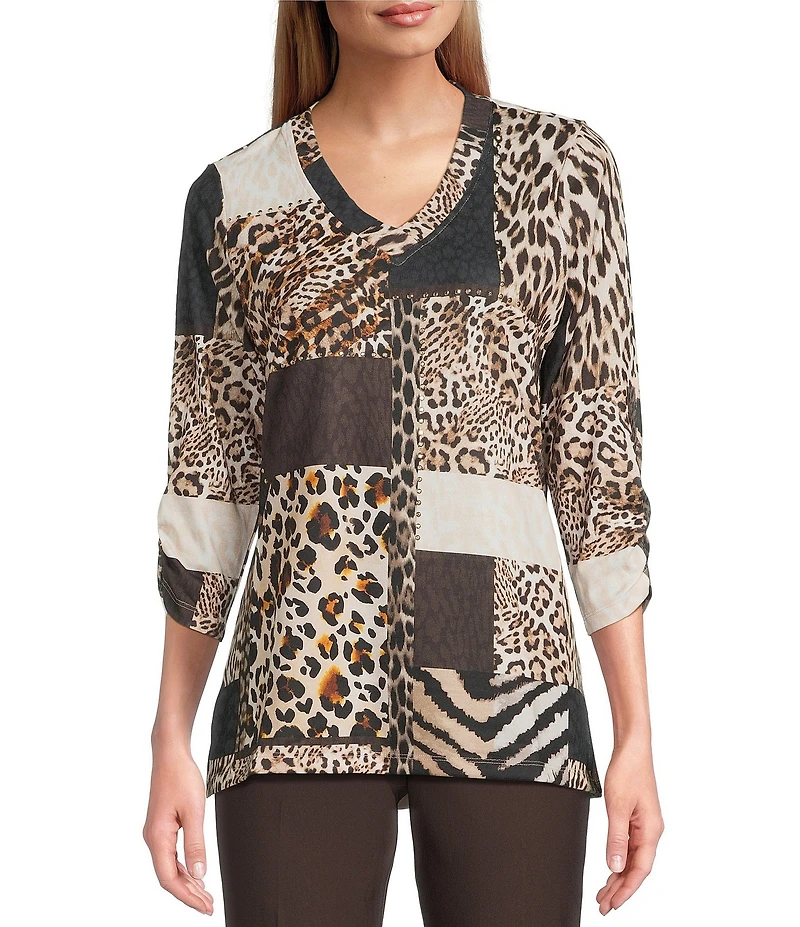 Allison Daley Petite Size Wildlife Patchwork Print 3/4 Sleeve V-Neck Knit Top