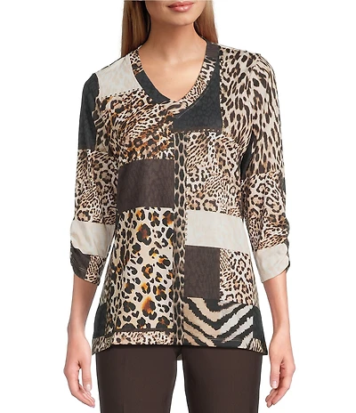 Allison Daley Petite Size Wildlife Patchwork Print 3/4 Sleeve V-Neck Knit Top