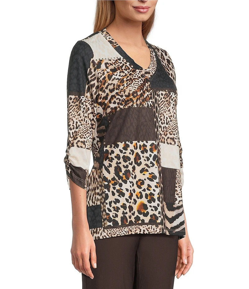 Allison Daley Petite Size Wildlife Patchwork Print 3/4 Sleeve V-Neck Knit Top