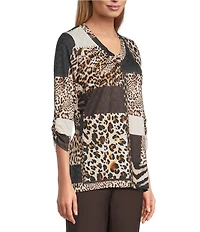 Allison Daley Petite Size Wildlife Patchwork Print 3/4 Sleeve V-Neck Knit Top