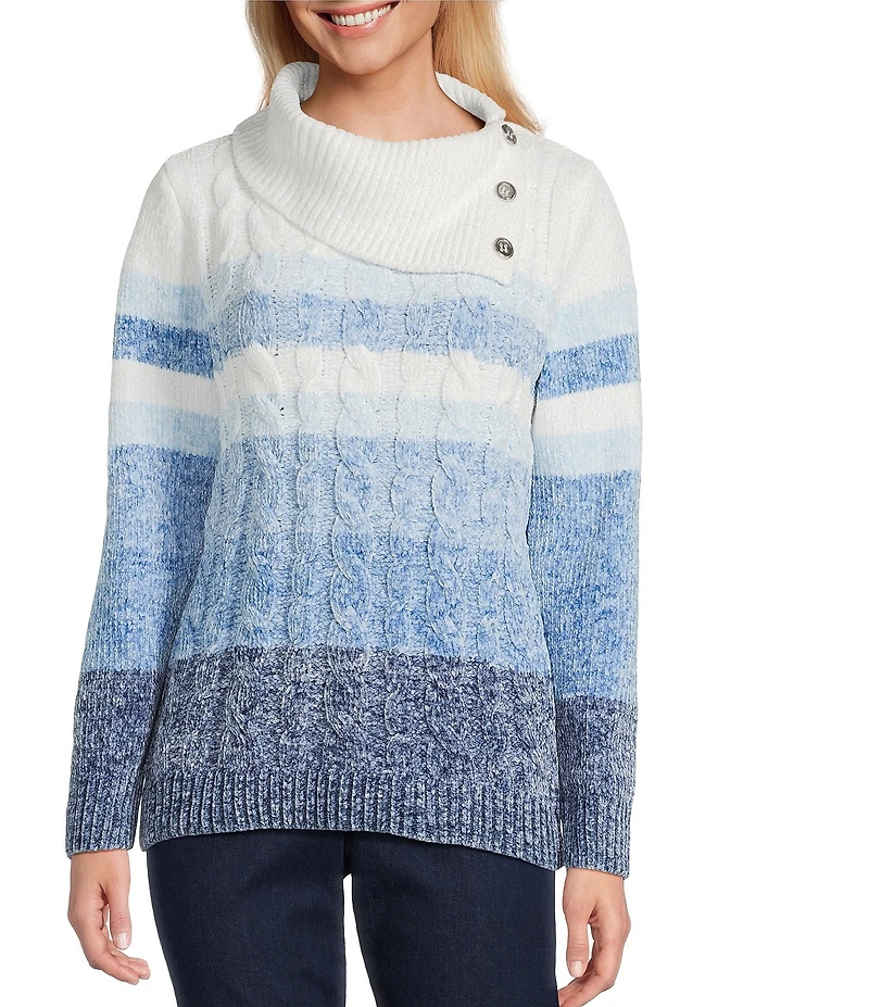 Allison Daley Petite Stripe Long Sleeve Cowl Neck Rib Trim Sweater