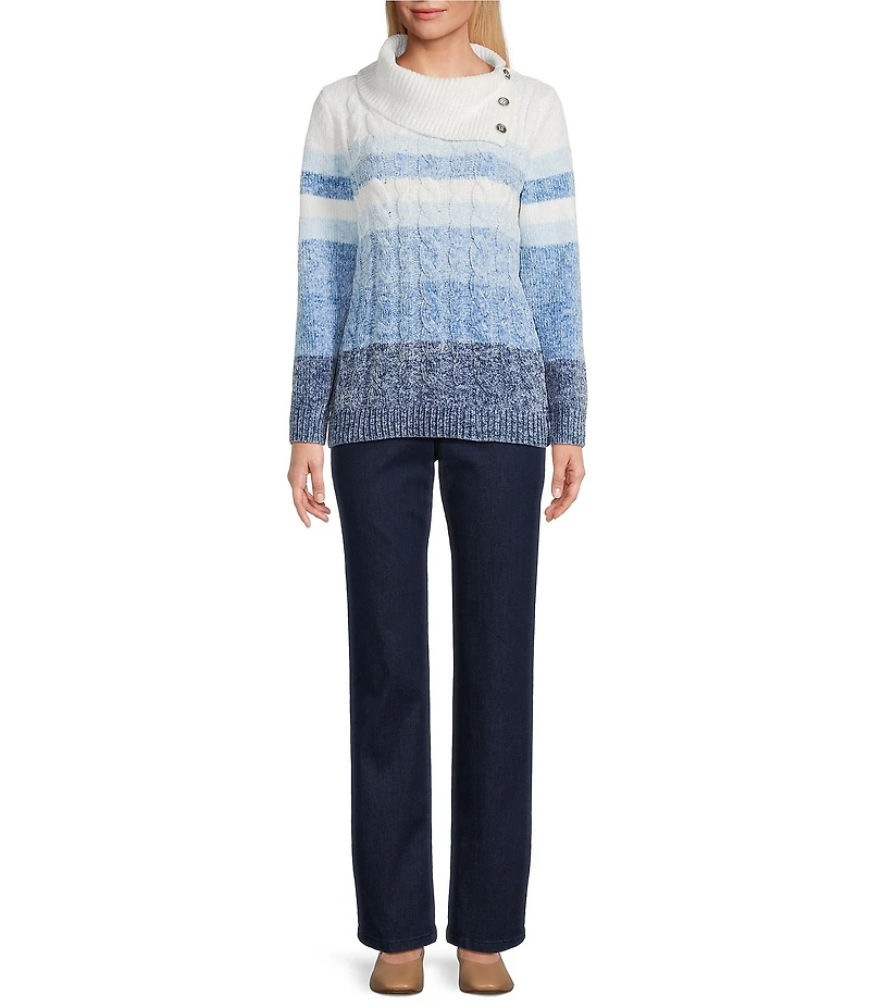 Allison Daley Petite Stripe Long Sleeve Cowl Neck Rib Trim Sweater