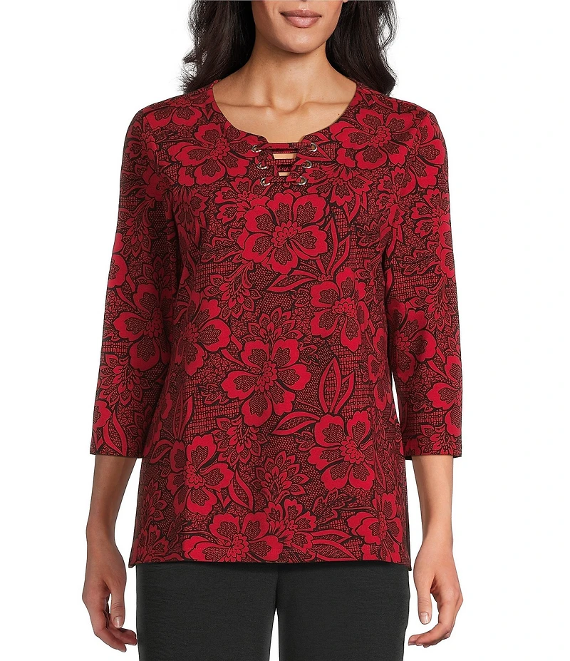 Allison Daley Petite Tango Red Floral Print 3/4 Sleeve Split-V Neck Knit Top