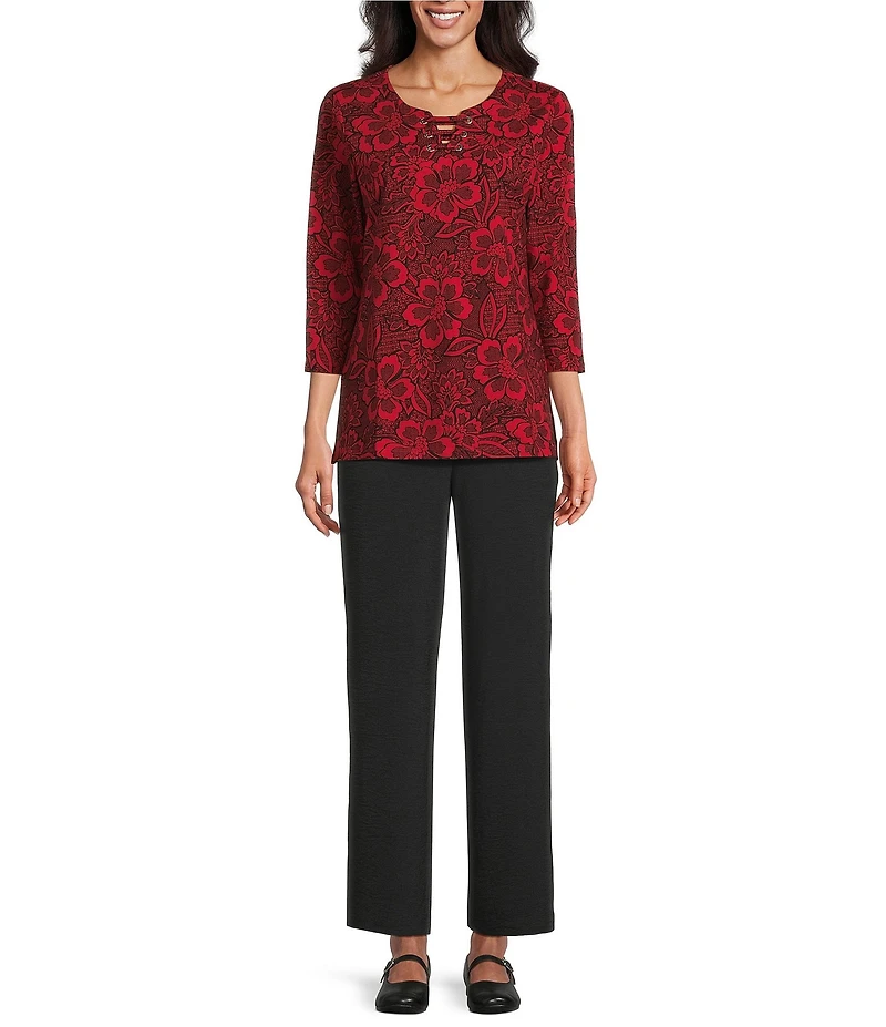 Allison Daley Petite Tango Red Floral Print 3/4 Sleeve Split-V Neck Knit Top