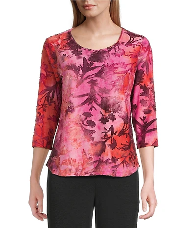 Allison Daley Petite Tie-Dye Jacquard 3/4 Sleeve Crew Neck Knit Top