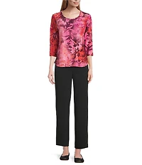 Allison Daley Petite Tie-Dye Jacquard 3/4 Sleeve Crew Neck Knit Top