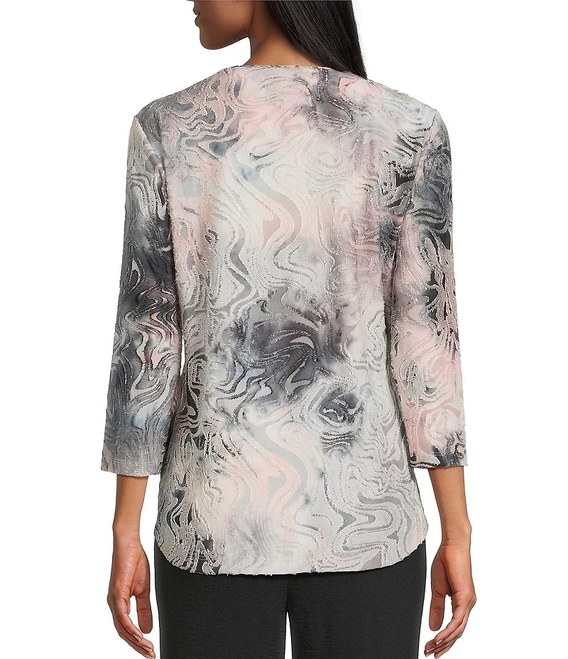 Allison Daley Petite Wavy Jod Tie-Dye 3/4 Sleeve Crew Neck Knit Top