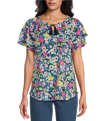 Allison Daley Picnic Bouquet Print Flutter Sleeve Tassel Tie Neck Knit Top