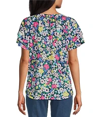 Allison Daley Picnic Bouquet Print Flutter Sleeve Tassel Tie Neck Knit Top
