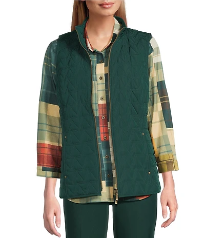 Allison Daley Pine Grove Sleeveless Two-Way Zip Up Woven Quilted Vest