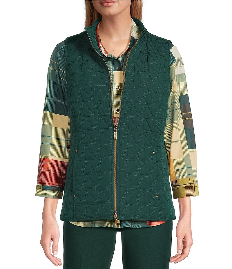 Allison Daley Pine Grove Sleeveless Two-Way Zip Up Woven Quilted Vest