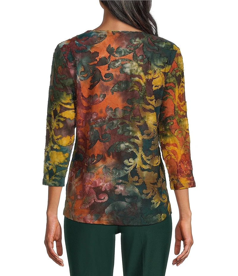 Allison Daley Pine Grove Tie-Dye Jacquard Print 3/4 Sleeve Crew Neck Knit Top