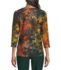 Allison Daley Pine Grove Tie-Dye Jacquard Print 3/4 Sleeve Crew Neck Knit Top