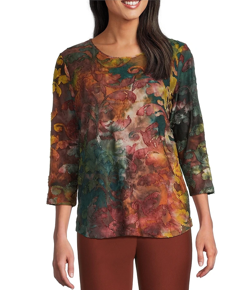 Allison Daley Pine Grove Tie-Dye Jacquard Print 3/4 Sleeve Crew Neck Knit Top