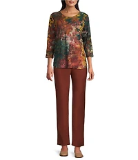 Allison Daley Pine Grove Tie-Dye Jacquard Print 3/4 Sleeve Crew Neck Knit Top