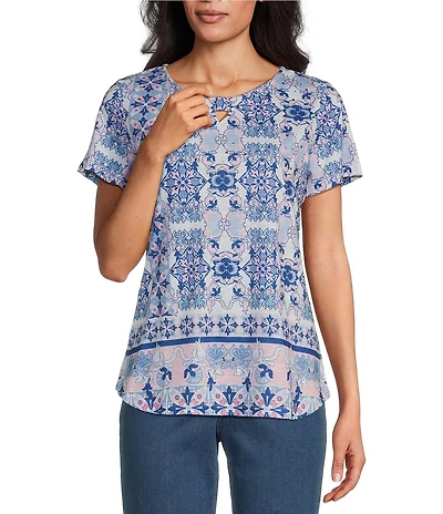 Allison Daley Pink Folk Tile Print Short Sleeve Keyhole Neck Knit Top