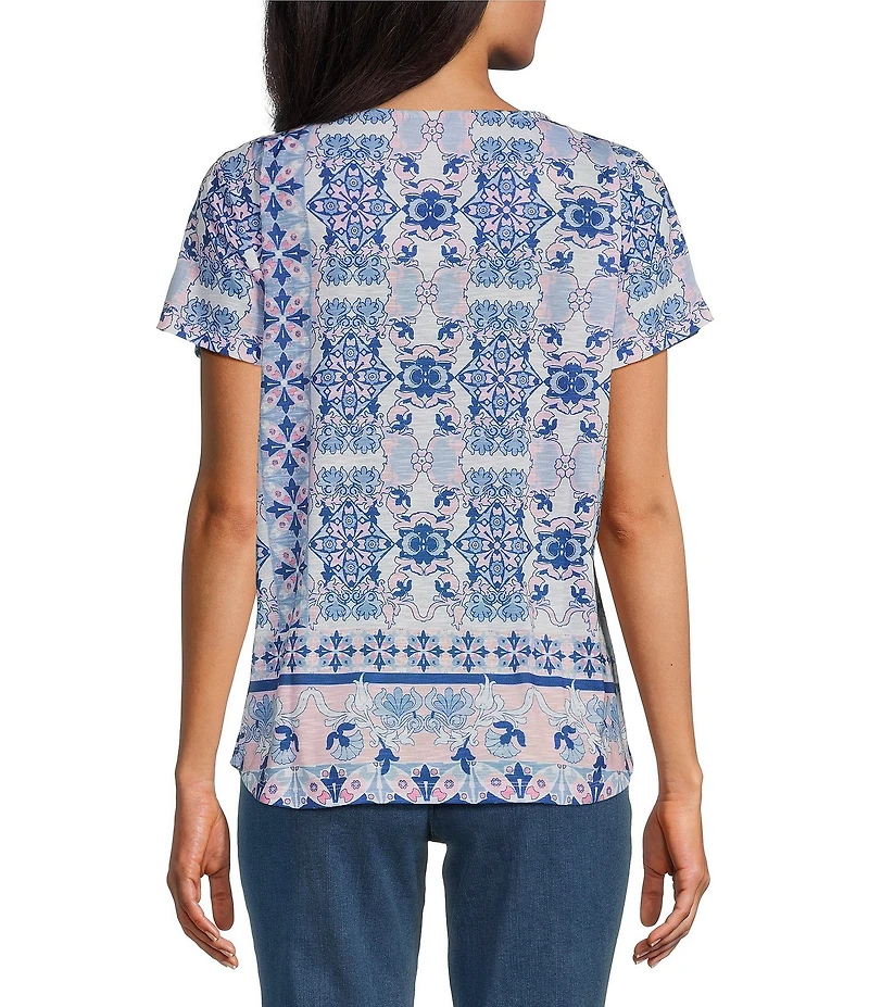Allison Daley Pink Folk Tile Print Short Sleeve Keyhole Neck Knit Top