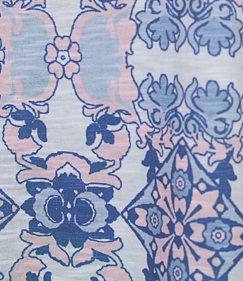 Allison Daley Pink Folk Tile Print Short Sleeve Keyhole Neck Knit Top