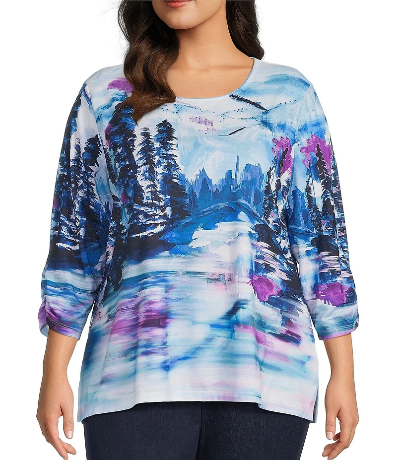 Allison Daley Plus Alpine Breeze Print 3/4 Sleeve Crew Neck Knit Top