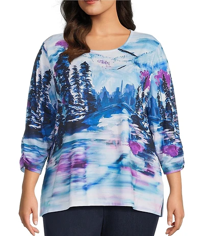 Allison Daley Plus Alpine Breeze Print 3/4 Sleeve Crew Neck Knit Top