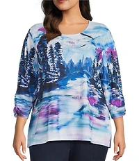 Allison Daley Plus Alpine Breeze Print 3/4 Sleeve Crew Neck Knit Top