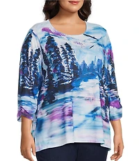 Allison Daley Plus Alpine Breeze Print 3/4 Sleeve Crew Neck Knit Top