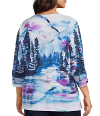 Allison Daley Plus Alpine Breeze Print 3/4 Sleeve Crew Neck Knit Top