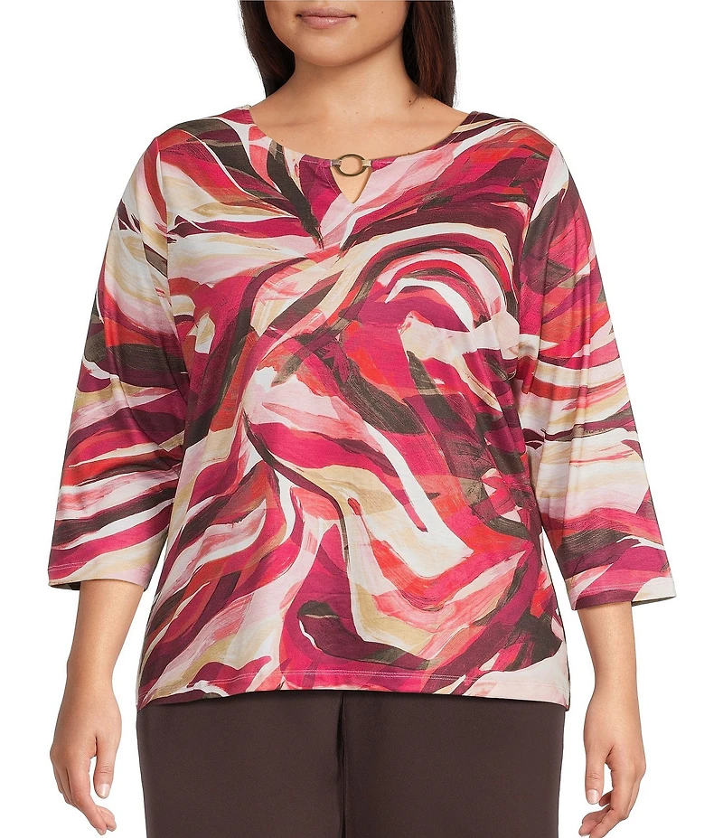 Allison Daley Plus Autumn Zebra Print 3/4 Sleeve Keyhole Neck Knit Top