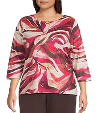 Allison Daley Plus Autumn Zebra Print 3/4 Sleeve Keyhole Neck Knit Top