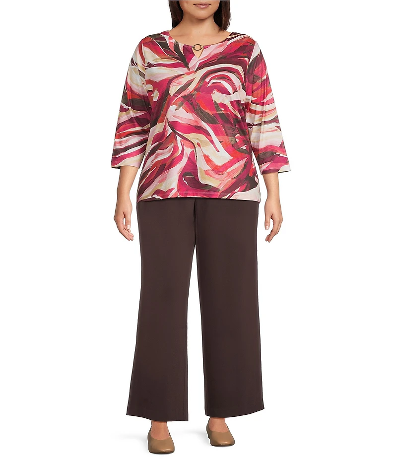 Allison Daley Plus Autumn Zebra Print 3/4 Sleeve Keyhole Neck Knit Top