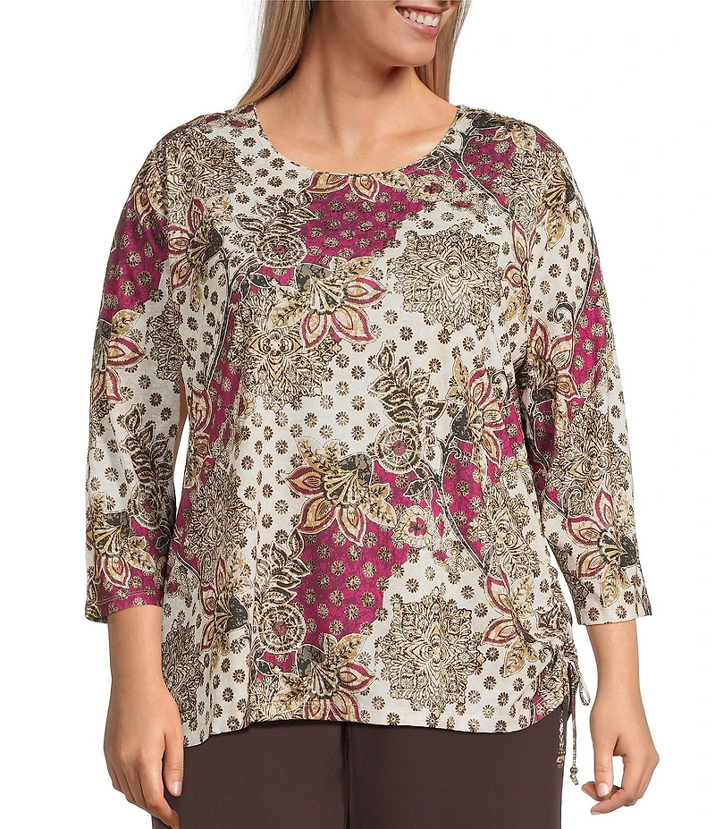 Allison Daley Plus Batik Floral Print 3/4 Sleeve Crew Neck Knot Hem Top