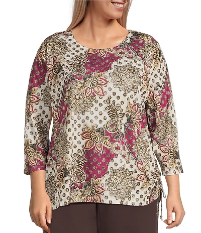 Allison Daley Plus Batik Floral Print 3/4 Sleeve Crew Neck Knot Hem Top